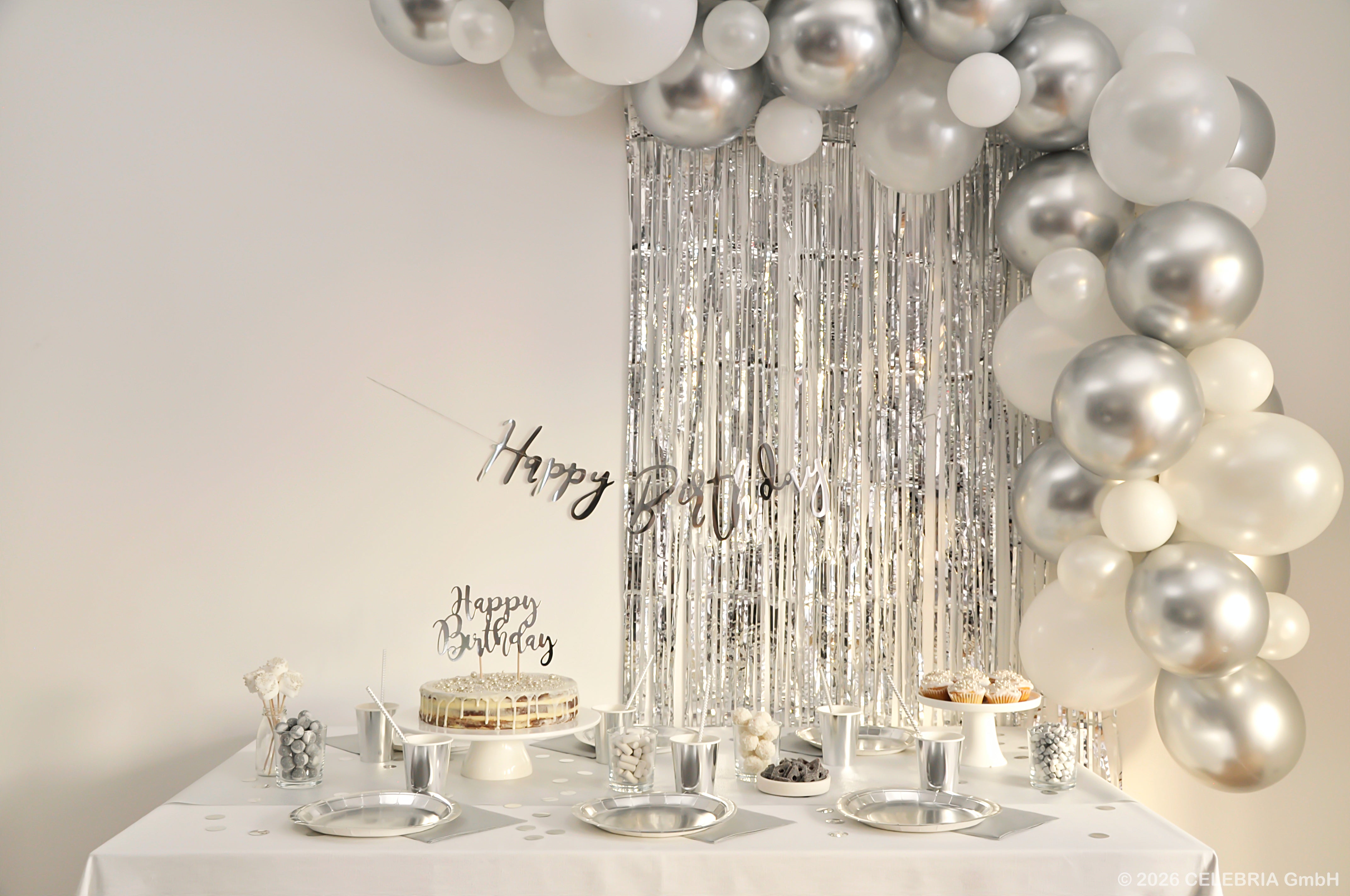 Wimpelkette "Happy Birthday" silber (1 Stk.)