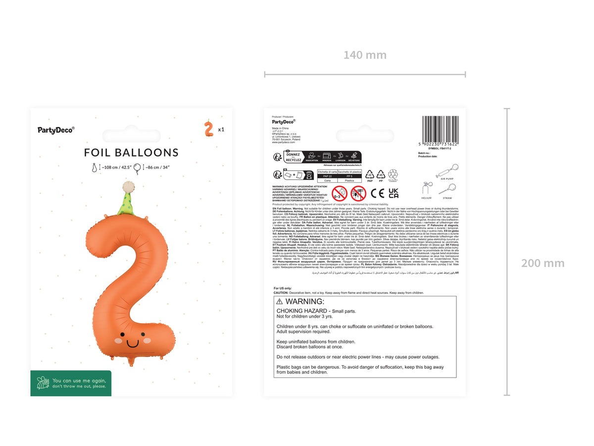 Folienballon Zahl "2" orange (1 Stk.)