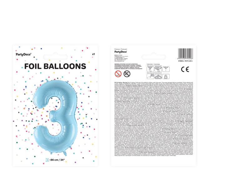 Folienballon Zahl "3" hellblau (1 Stk.)