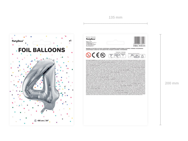 Folienballon Zahl "4" silber (1 Stk.)
