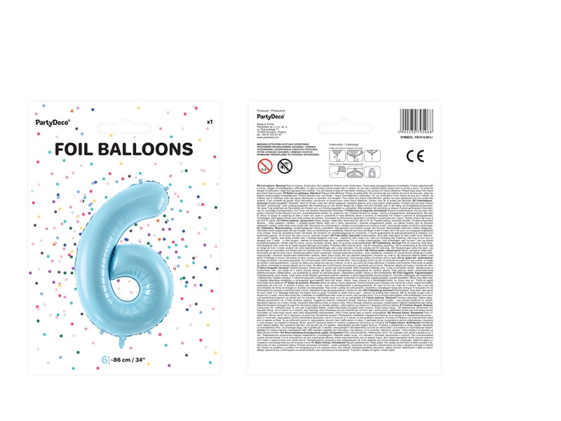 Folienballon Zahl "6" hellblau (1 Stk.)