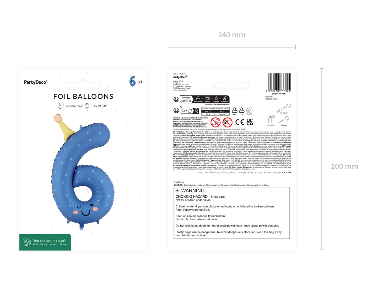 Folienballon Zahl "6" blau (1 Stk.)