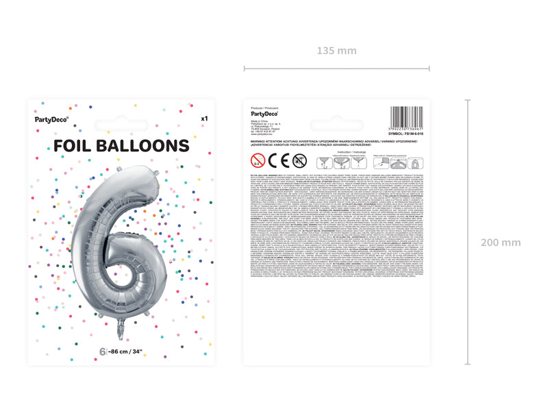 Folienballon Zahl "6" silber (1 Stk.)