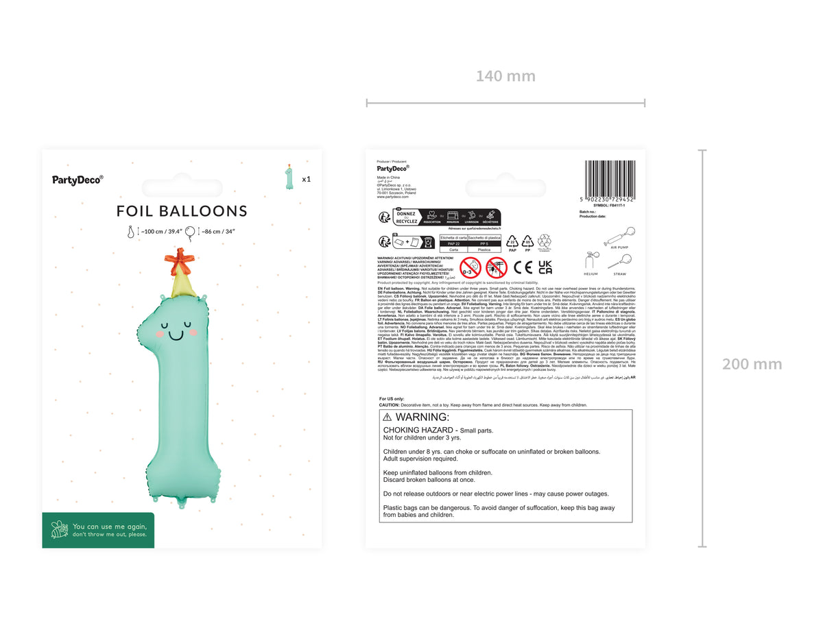 Folienballon Zahl "1" mint