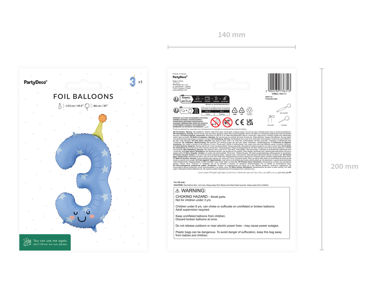 Folienballon Zahl "3" blau (1 Stk.)
