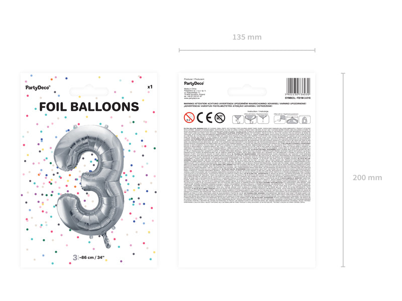 Folienballon Zahl "3" silber (1 Stk.)