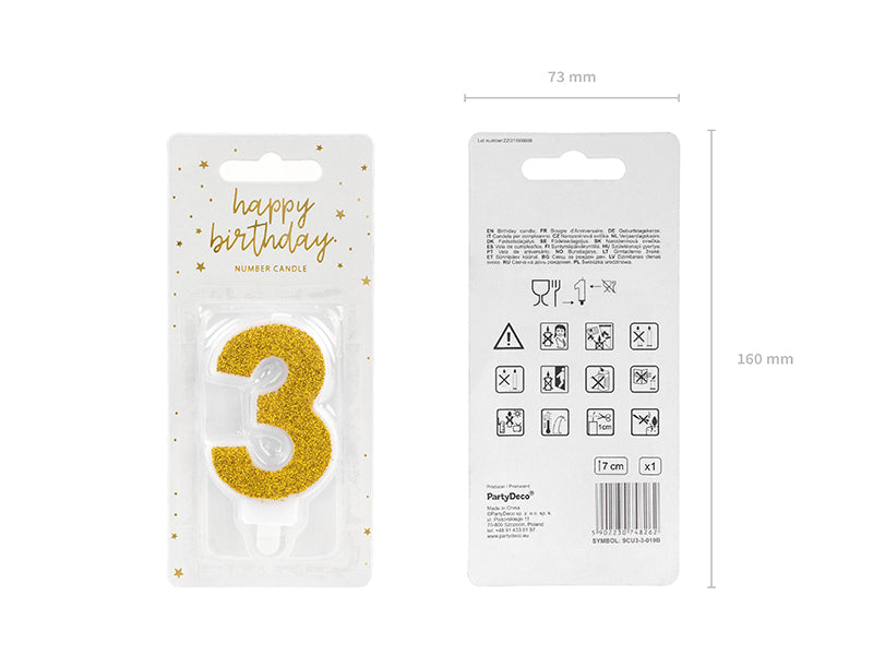 Kuchenkerze Ziffer "3" gold (1 Stk.)