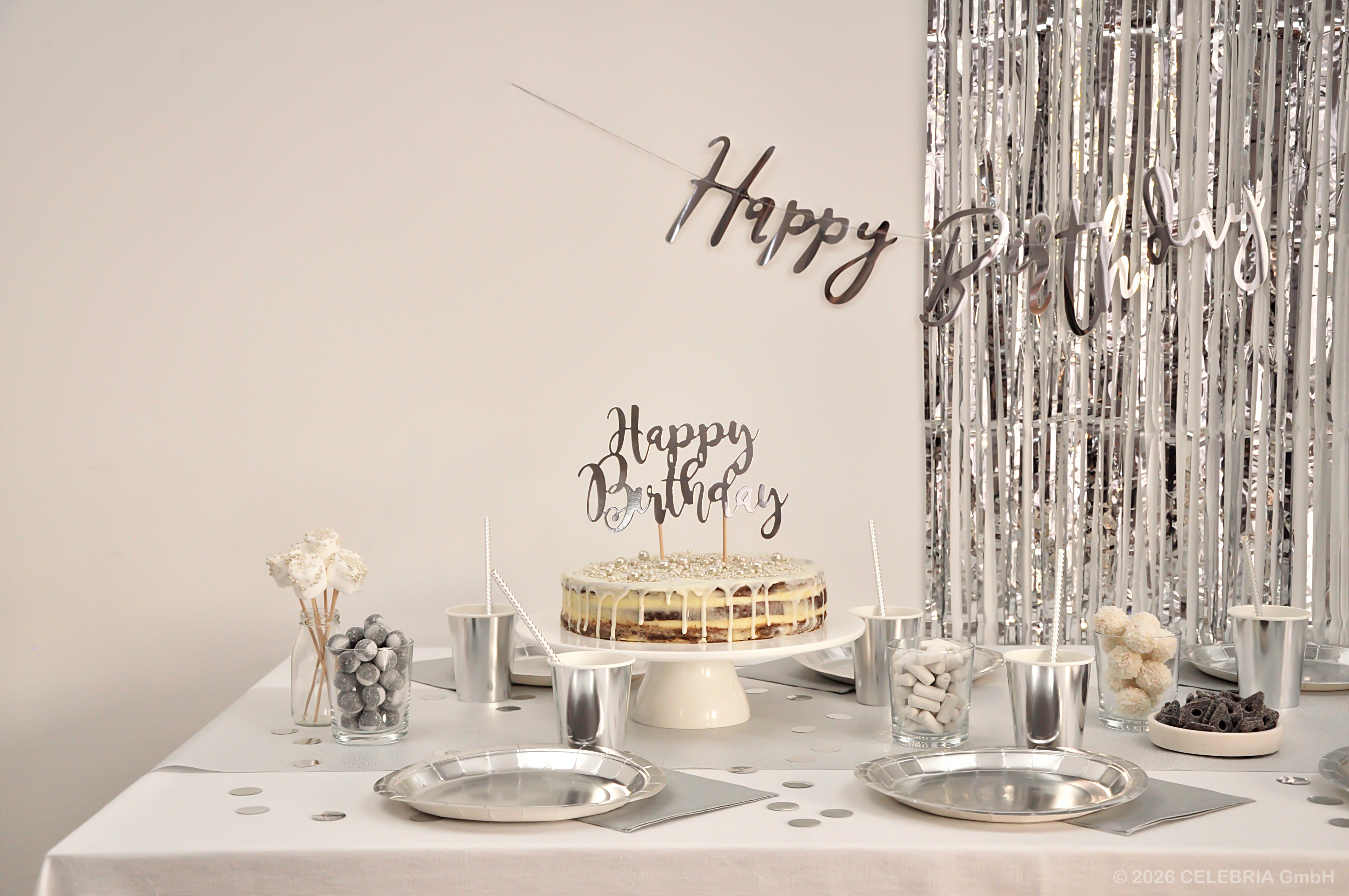 Kuchentopper "Happy Birthday" silber (1 Stk.)